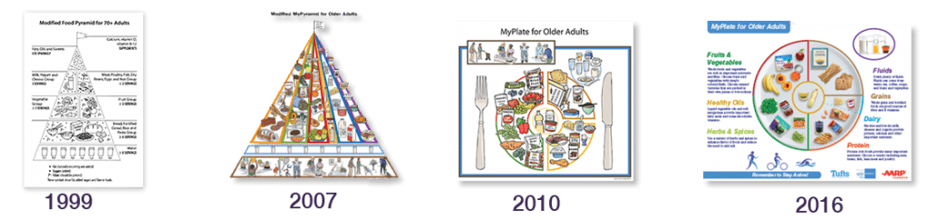 Food pyramids from 1999, 2007, 2010, and 2016.